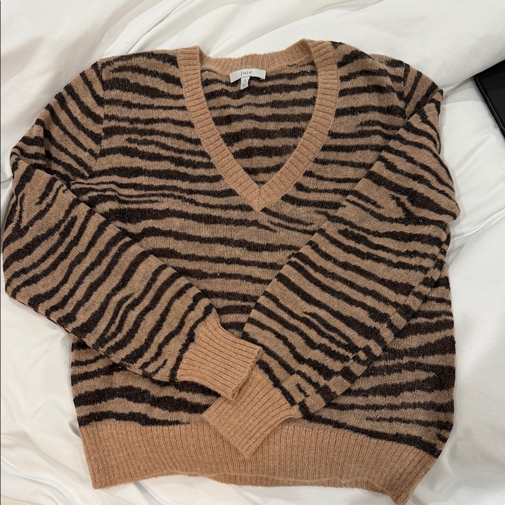 Joie Camel and Chocolate Zebra-Stripe V-Neck Sweater